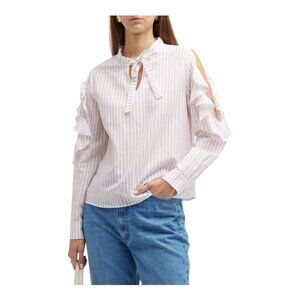 Harshman Indre White Pink Striped Cutout Long Sleeve Cotton Blouse Plus Size 1X